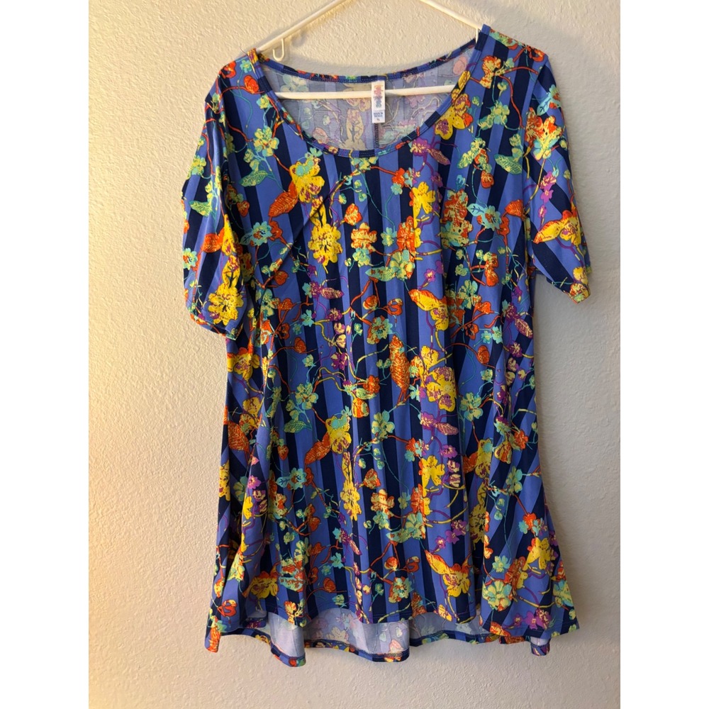 LuLaRoe Perfect T Top XL Blue Striped Floral Short Sleeve High Low Hem
A1256